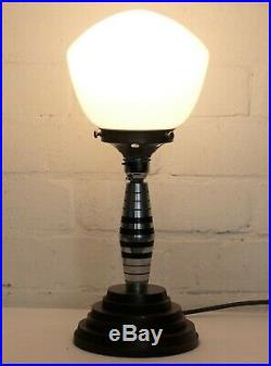 1920s Art Deco Machine Age Table Lamp & Globe Shade Machined Alloy Lucite & Wood