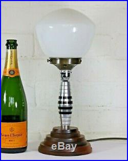 1920s Art Deco Machine Age Table Lamp & Globe Shade Machined Alloy Lucite & Wood
