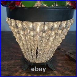 1920s Czech Art Deco Brass and Glass Beaded Fruit Basket Illuminant Lamp WORKS