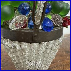 1920s Czech Art Deco Brass and Glass Beaded Fruit Basket Illuminant Lamp WORKS