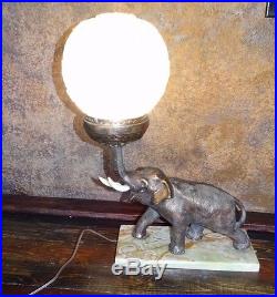 19227 Antique 1920s Large Art Deco Brass ELEPHANT Figural Lamp Marble Base