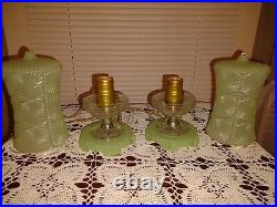 1930'S PAIR VINTAGE HOUZE GREEN JADEITE JADE GLASS Art Deco BOUDOIR LAMPS SET