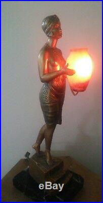 1930's Art Deco Lamp Nude Lady Pierre Le Faguays Bronze Figural Vintage Antique