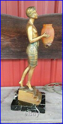 1930's Art Deco Lamp Nude Lady Pierre Le Faguays Bronze Figural Vintage Antique