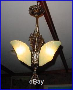 1930s ART DECO GREEN DEPRESSION GLASS CHANDELIER-SLIP SHADE PENDANT CEILING LAMP