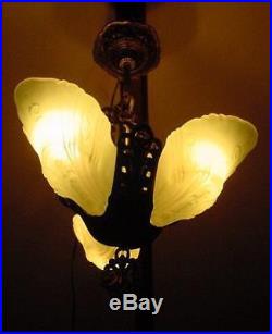 1930s ART DECO GREEN DEPRESSION GLASS CHANDELIER-SLIP SHADE PENDANT CEILING LAMP