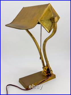 1930s Art Deco Brass Desk Lamp Sculptural Arm Modernist Design Heavy Patina