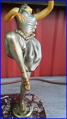 1930s Art Deco Lamp Dancing Lady Figural Spelter Sculpture Statuette Czech Shade