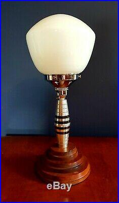 1930s Art Deco Machine Age Table Lamp. Globe Shade. Machined Alloy Lucite & Wood