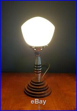 1930s Art Deco Machine Age Table Lamp. Globe Shade. Machined Alloy Lucite & Wood