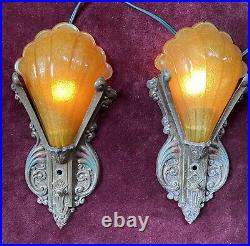 1930s Pair Art Deco Slip Shade Wall Sconces Fixture Original Patina Lamp