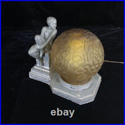 1930s Vintage Art Deco Frankart Nuart Nude Nymph Naked Woman Table Lamp With Globe