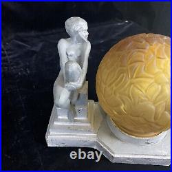 1930s Vintage Art Deco Frankart Nuart Nude Nymph Naked Woman Table Lamp With Globe