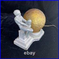1930s Vintage Art Deco Frankart Nuart Nude Nymph Naked Woman Table Lamp With Globe