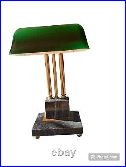 1950 Art Deco Green, Marble And Brass Electric Bankers Lamp