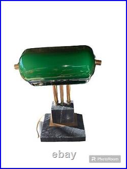 1950 Art Deco Green, Marble And Brass Electric Bankers Lamp