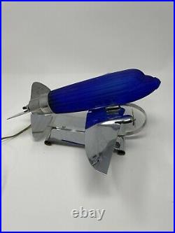 1970s DC-3 Airplane Desk Lamp Cobalt Blue Chrome Art Deco Sarsaparilla USA Light