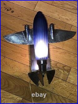 1970s SARSAPARILLA COBALT BLUE GLASS & CHROME DC-3 PLANE LAMP ART DECO