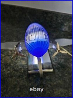 1977 Sarsaparilla Art Deco Blue Glass DC-3 Airplane Lamp / Nightlight IT WORKS