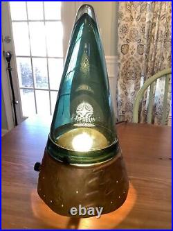 1980 s Art Deco lamp. Copper base, Blue/Green coned glass shade. Adj light