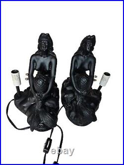 1 Pair Rare Art Deco Mermaid Nude Figural Accent Lamp Desk Shade Flat Black MCM