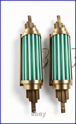 1 Pc Vintage Art Deco Lamp Green And White Glass Rod &brass Wall Light Sconce #