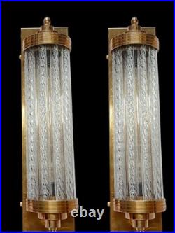 1 Pc Vintage Art Deco Lamp Ribbed Glass Rod & Brass Wall Light Sconce Nautical #