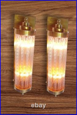 1 Pc Vintage Art Deco Lamp Ribbed Glass Rod & Brass Wall Light Sconce Nautical #