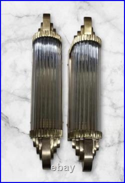 1 Vintage Art Deco Glass Rod Brass Wall Light Fixture Wall Sconce Skyscraper #27