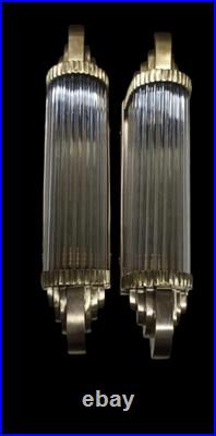 1 Vintage Art Deco Glass Rod Brass Wall Light Fixture Wall Sconce Skyscraper #27