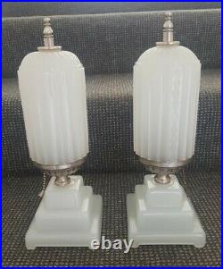 2 American Art Deco Milk Glass Lamps Torpedo Bullet Skyscraper Machine Age