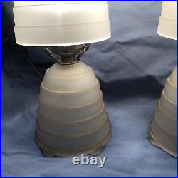 2 Antique Art Deoo Accent Vanity Frosted Glass Shades & Base Pair