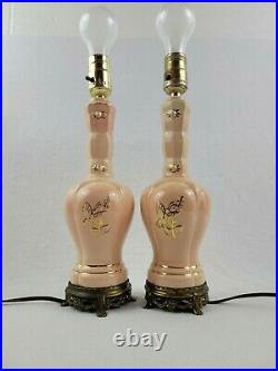 2 Antique Pink Ceramic Art Deco Embossed Gilded Butterflies Vintage Table Lamps