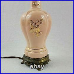2 Antique Pink Ceramic Art Deco Embossed Gilded Butterflies Vintage Table Lamps