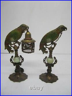 2 Antique c1920s Art Deco Cast Metal Parrot Table Lamp Bird Cage Shade As Is