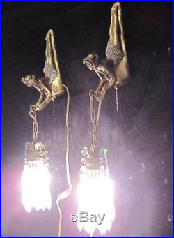 2 Art Deco Style Figural Lady jeweled brass bronze Spelter Sconces lamp lily