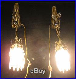 2 Art Deco Style Figural Lady jeweled brass bronze Spelter Sconces lamp lily