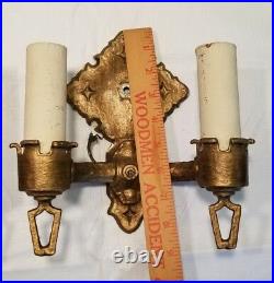 2 Double Wall Sconces Gothic Art Deco Vintage Cast Metal Light Lamp Marked F1217