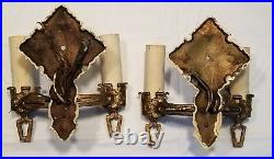2 Double Wall Sconces Gothic Art Deco Vintage Cast Metal Light Lamp Marked F1217