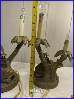 2 Elephant Tropical Palm Tree 17 Table Lamps Double Lights on each Lamp