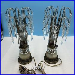(2) Hollywood Regency Waterfall Lamp Lamps Crystal Glass Prisms Art Deco Marble