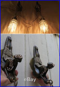 2 Lady Art Deco era in. Jeweled brass Spelter Wall Sconces lamp lantern sparkly
