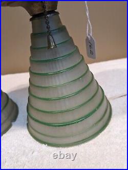 2 Matching Pair Art Deco Green Glass Pagoda Japanese Boudoir Lamps