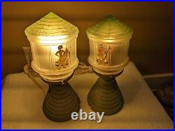 2 Matching Pair Art Deco Green Glass Pagoda Japanese Boudoir Lamps
