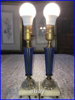 2/Pair RARE Vintage BLUE 3D Rib GLASS Marble Base ART DECO 11 Tall TABLE LAMPS