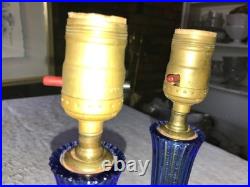2/Pair RARE Vintage BLUE 3D Rib GLASS Marble Base ART DECO 11 Tall TABLE LAMPS