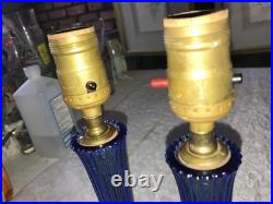 2/Pair RARE Vintage BLUE 3D Rib GLASS Marble Base ART DECO 11 Tall TABLE LAMPS