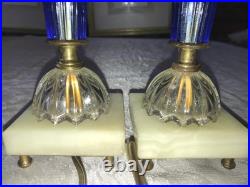 2/Pair RARE Vintage BLUE 3D Rib GLASS Marble Base ART DECO 11 Tall TABLE LAMPS