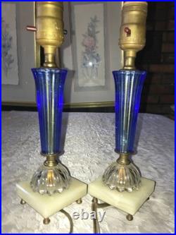 2/Pair RARE Vintage BLUE 3D Rib GLASS Marble Base ART DECO 11 Tall TABLE LAMPS