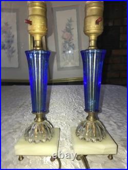 2/Pair RARE Vintage BLUE 3D Rib GLASS Marble Base ART DECO 11 Tall TABLE LAMPS